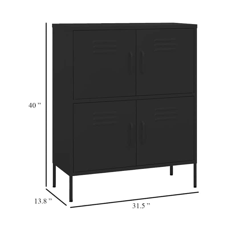 Black Steel Storage Cabinet, 4 Doors with 2 Adjustable Shelves