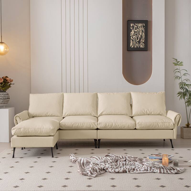 Contemporary Technical Leather L-Shaped Sofa Couch with Convertible Ottoman