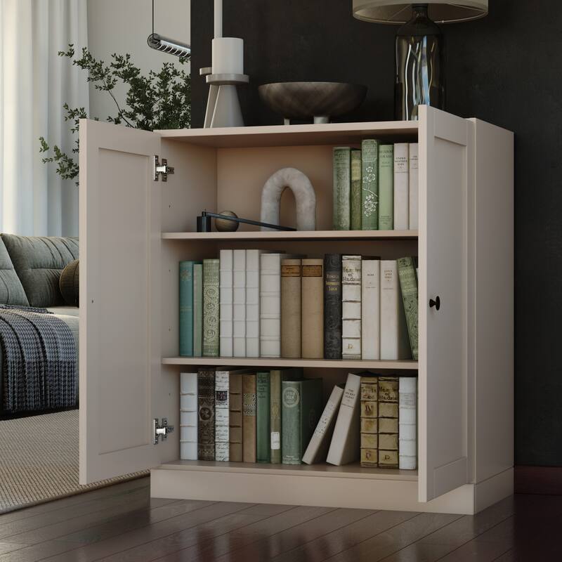 Palace Imports 100% Solid Wood 3-Shelf Bookcase with Shaker Doors and Adjustable Shelves - Beige