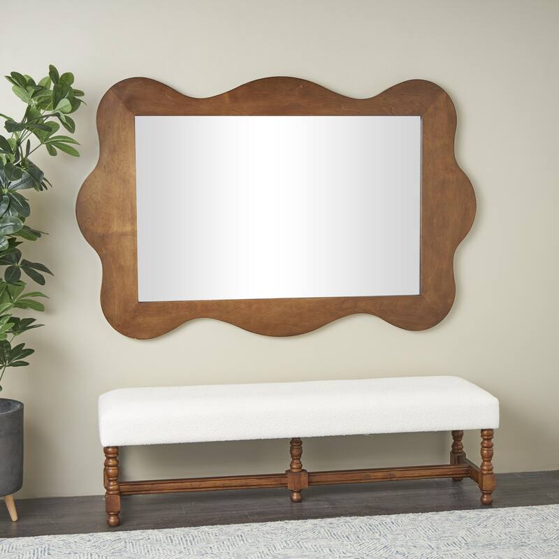 Wooden Room Wall Mirror with Wide Wavy Frame - Brown - Roche River Decor