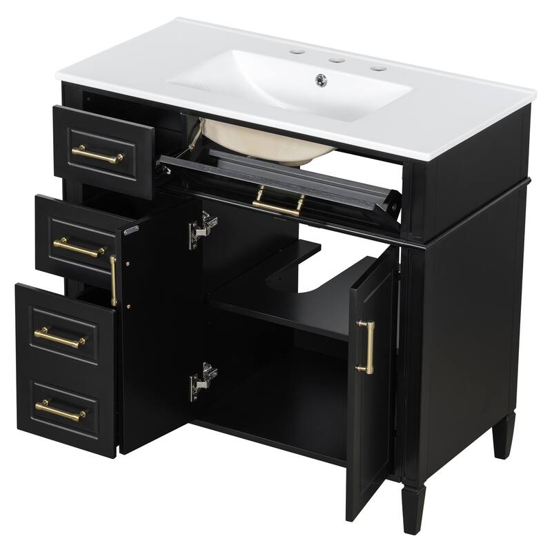 Roomfitters 36" Bathroom Vanity with Sink, Solid Pinewood Frame, 4 Drawers, Soft-Close Doors & Adjustable Shelf