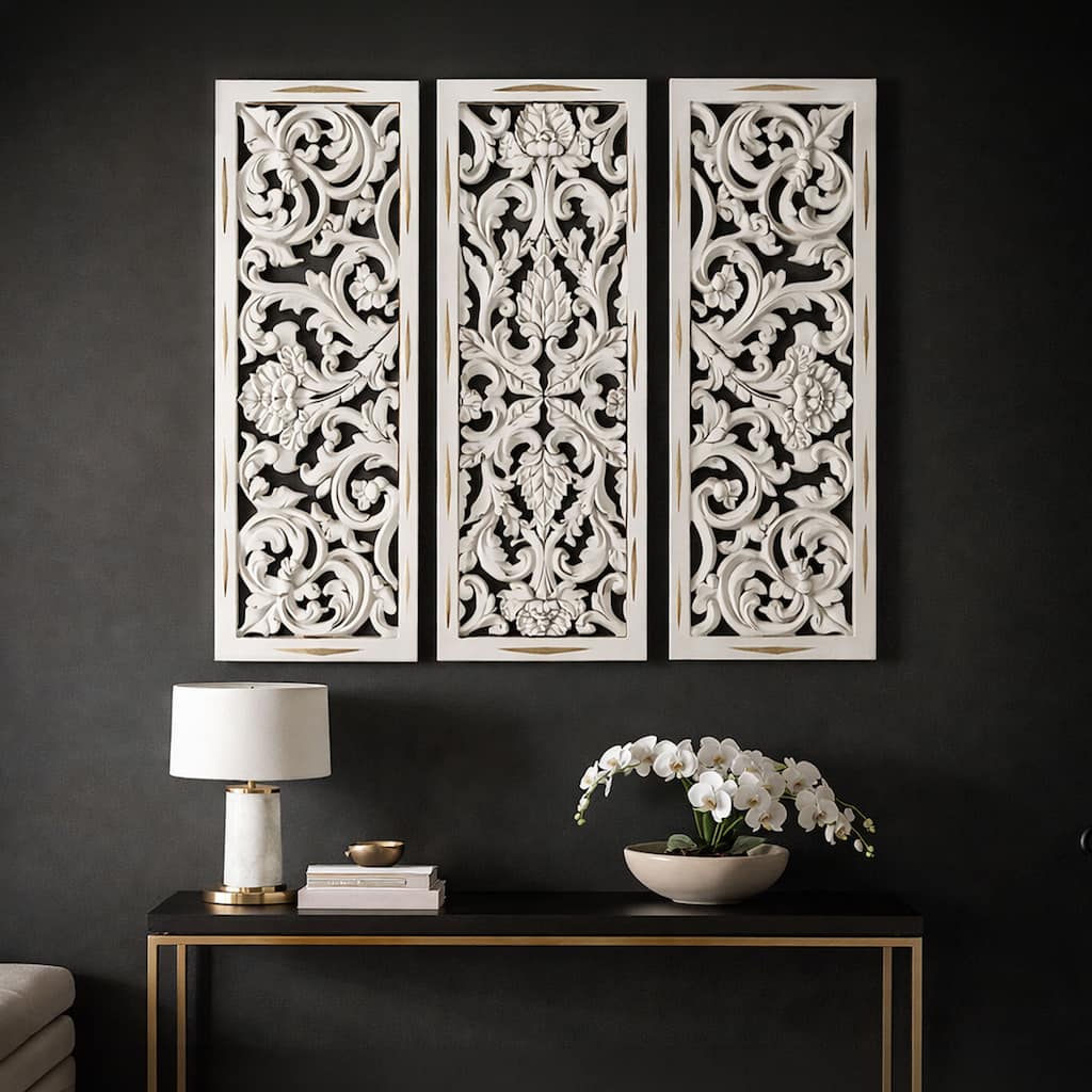 The Urban Port Antique White 3pc Wood Wall Decor Set, Floral Carving