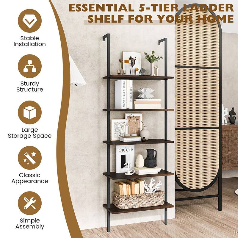 Gymax 5 Tier Ladder Shelf 71'' Height Wall-Mounted Bookshelf Display