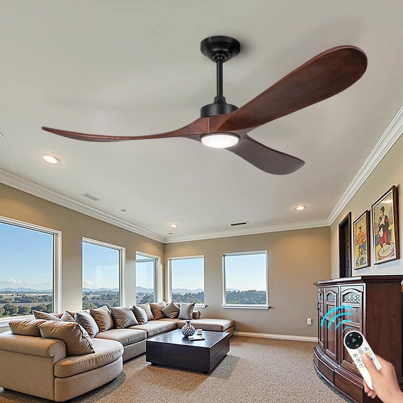 Indoor/Outdoor Ceiling Fan with Remote Control, 3-Blades Solid Wood Ceiling Fan for Bedroom Living Room - 60 inch - Walnut