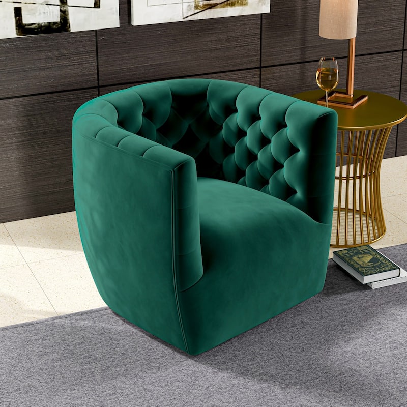 GDFStudio - Delaney Modern Velvet Swivel Chair with Tufted Back & Solid Wood Base - 28"W - 28"W - Green