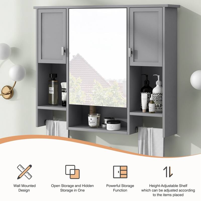 35'' x 28'' Modern Wall Mounted Bathroom Storage Cabinet with Mirror, 3 Doors, Adjustable Shelves, Towel Bar, Black