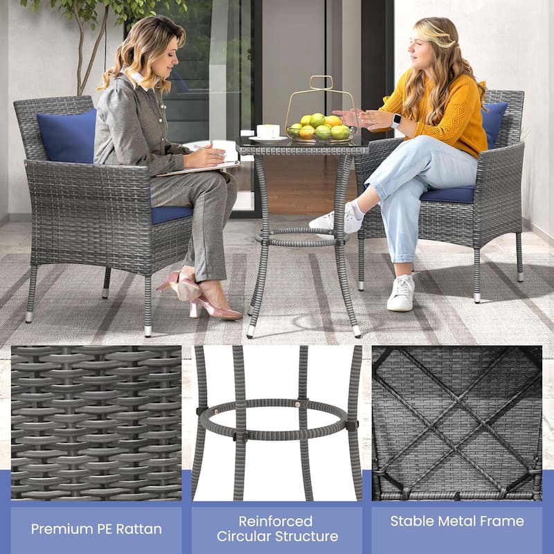 3PCS Patio Furniture Set Wicker Conversation Bistro Set w/Side Table