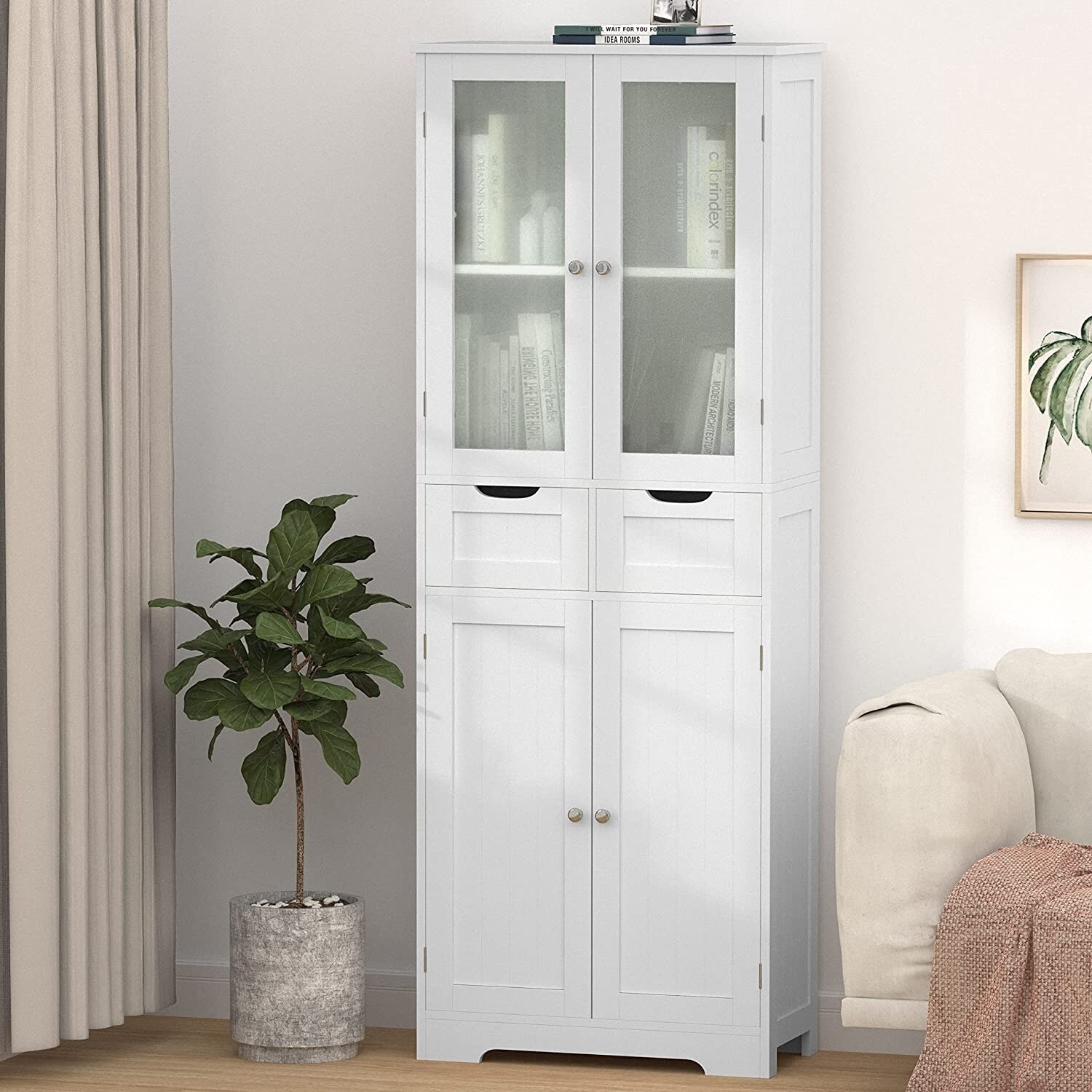 Tall storage cabinet with glass doors and shelves sale