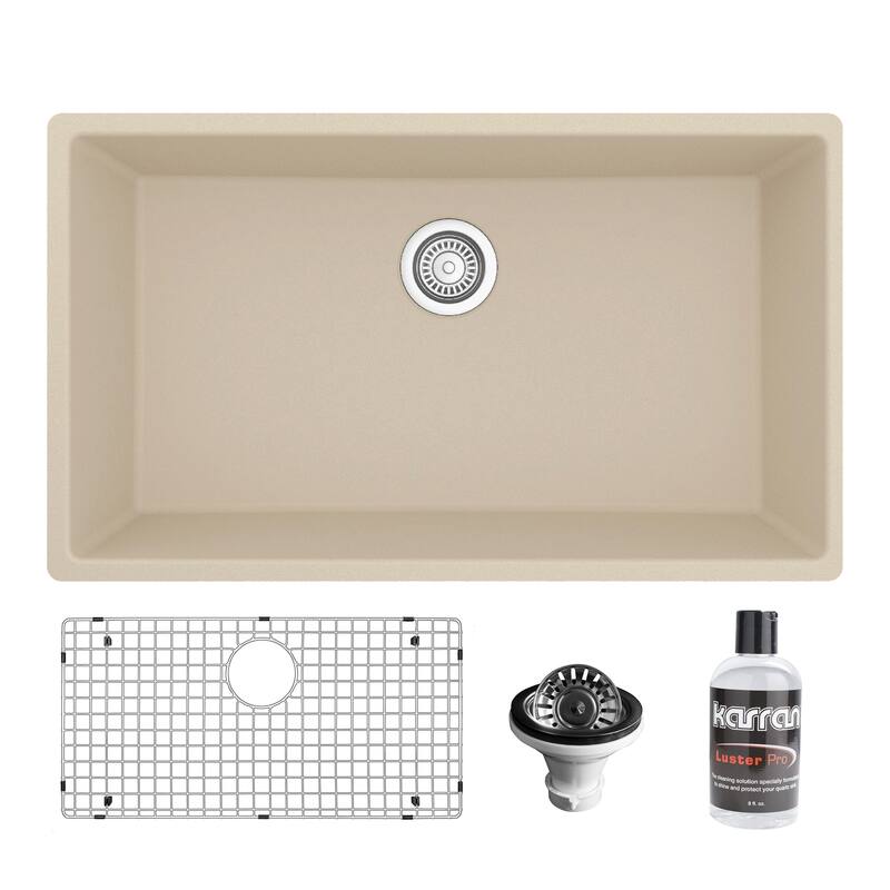 Karran Undermount 32.5 in. Large Single Bowl Quartz Kitchen Sink Kit - Bisque