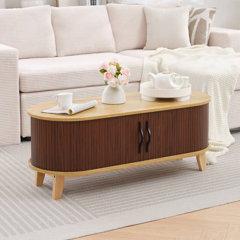 Sliding Door Coffee Table with Solid Wood Legs, Smooth Edges, and Ample Storage - Brown Wood Grain