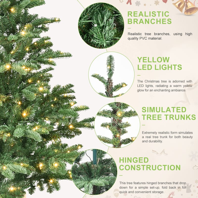 Pre-Lit Artificial Christmas Tree - Warm White LED Lights, PE+PVC Tips, Realistic Layered Look, Wooden Base - Green