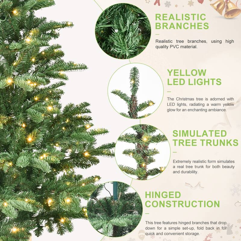Pre-Lit Artificial Christmas Tree - Warm White LED Lights, PE+PVC Tips, Wooden Base, Home Decor - Green