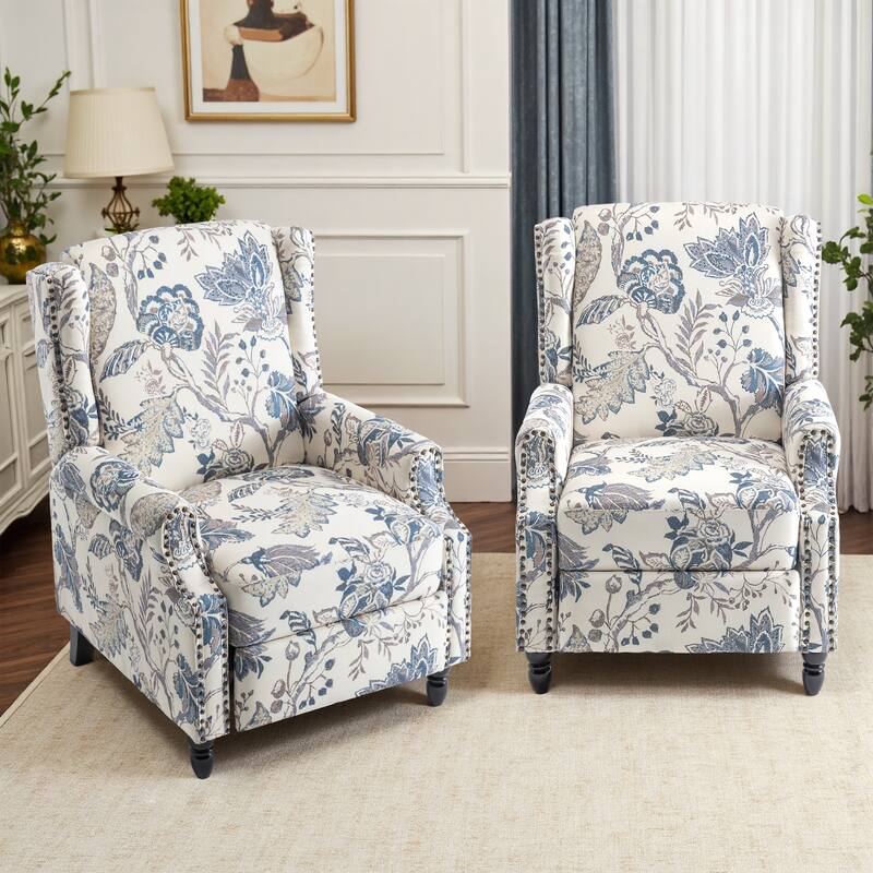 Floral Linen Manual Recliner Chair with Footrest set of 2