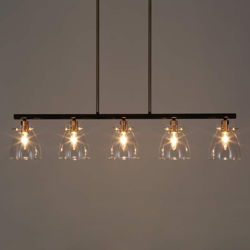 Modern Farmhouse 5-Light Black Gold Chandelier Linear Island Pendant Light for Dining Room - 38"L x 5"W x 7.5"H