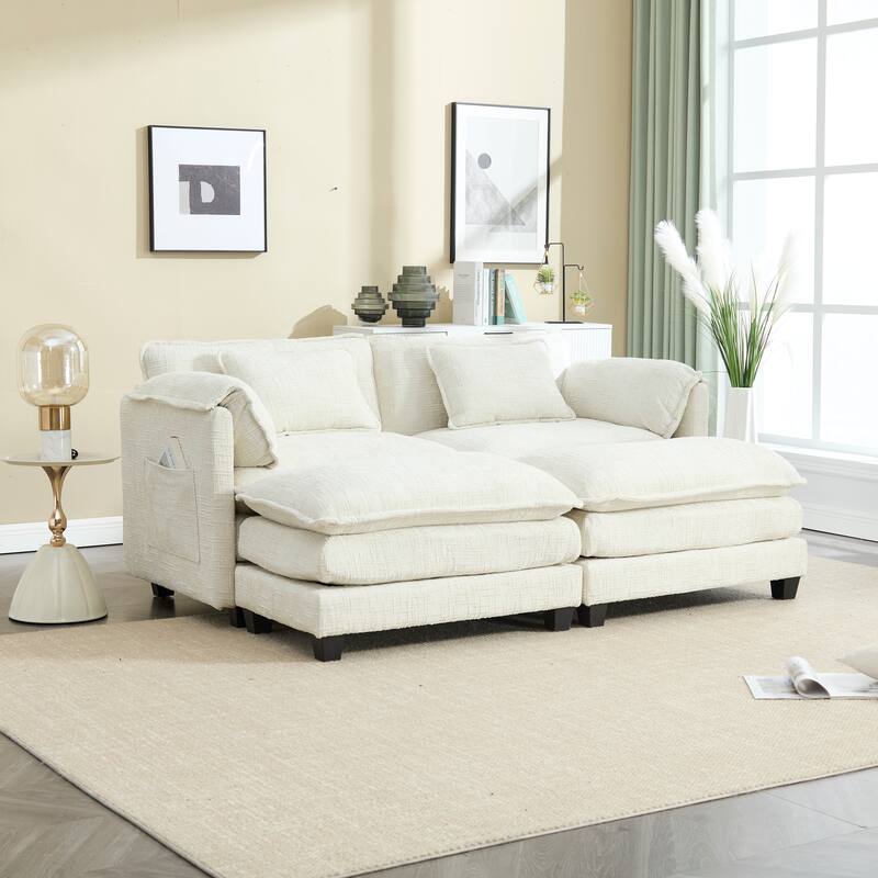 Chenille Fabric Loveseat Sofa Couch with 2 Ottomans and Side Pockets