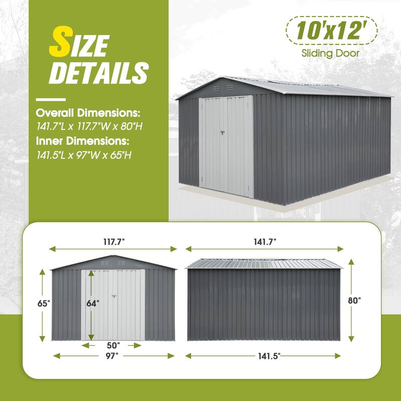 10'x12'Steel Outdoor Storage Shed,Galvanized Steel Metal Garden Shed with Lockable Doors,Heavy-Duty Storage Tool House