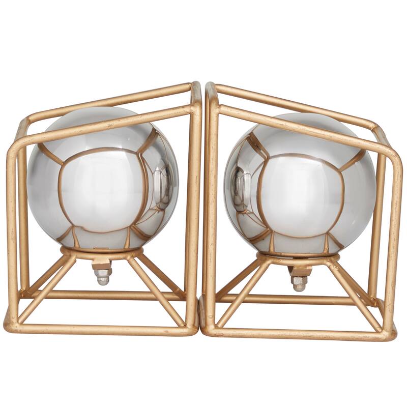Silver Stainless Steel Orb Geometric Bookends with Gold Base - 5.10W x 5.15 L x 5.85H