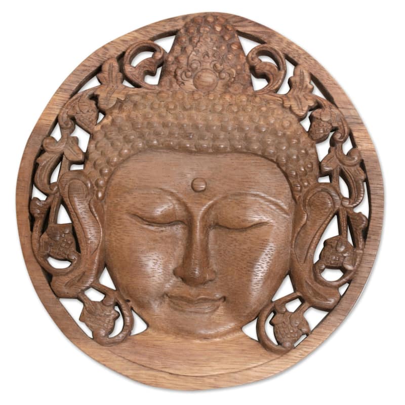 Novica Handmade Berry Buddha Wood Relief Panel
