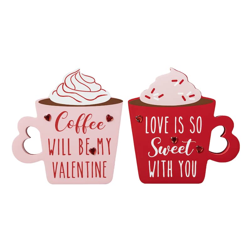 Glitzhome Set of 2 Wooden Valentine's Coffee Cup Table Decor