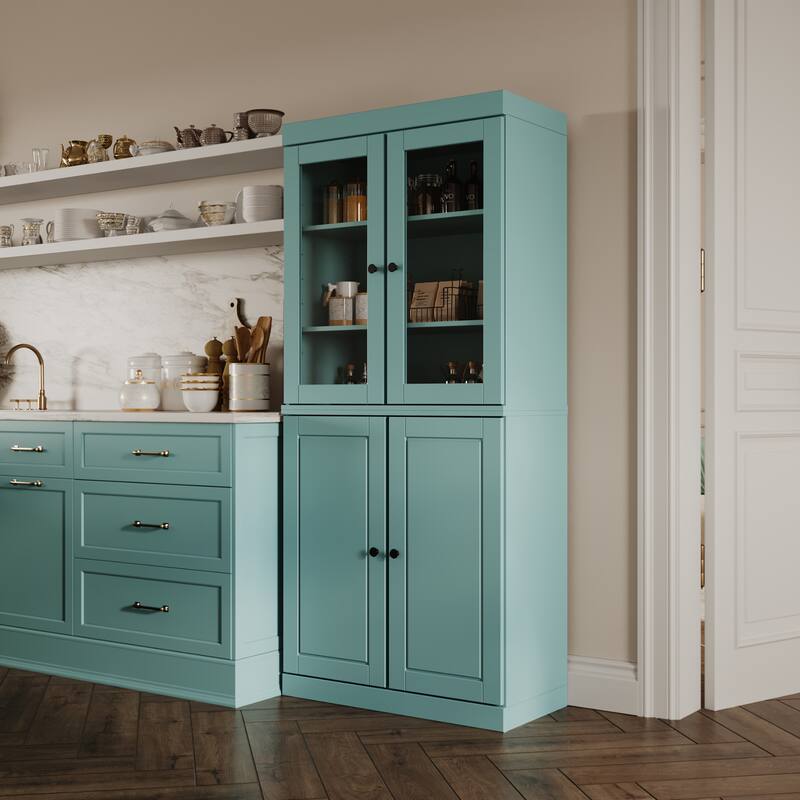 Palace Imports 100% Solid Wood Pantry Cabinet, Raised Panel & Clear Glass Doors, Adjustable Shelves, 32" Wide, 71.5" Tall - Aqua Blue