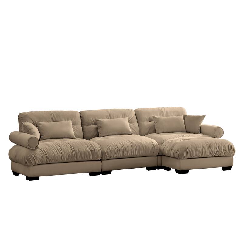 130" 3-Seat Velvet Oversized Modular Sectional Sofa with Movable Ottoman, Bolstered Armrests, and Cloud Cushions