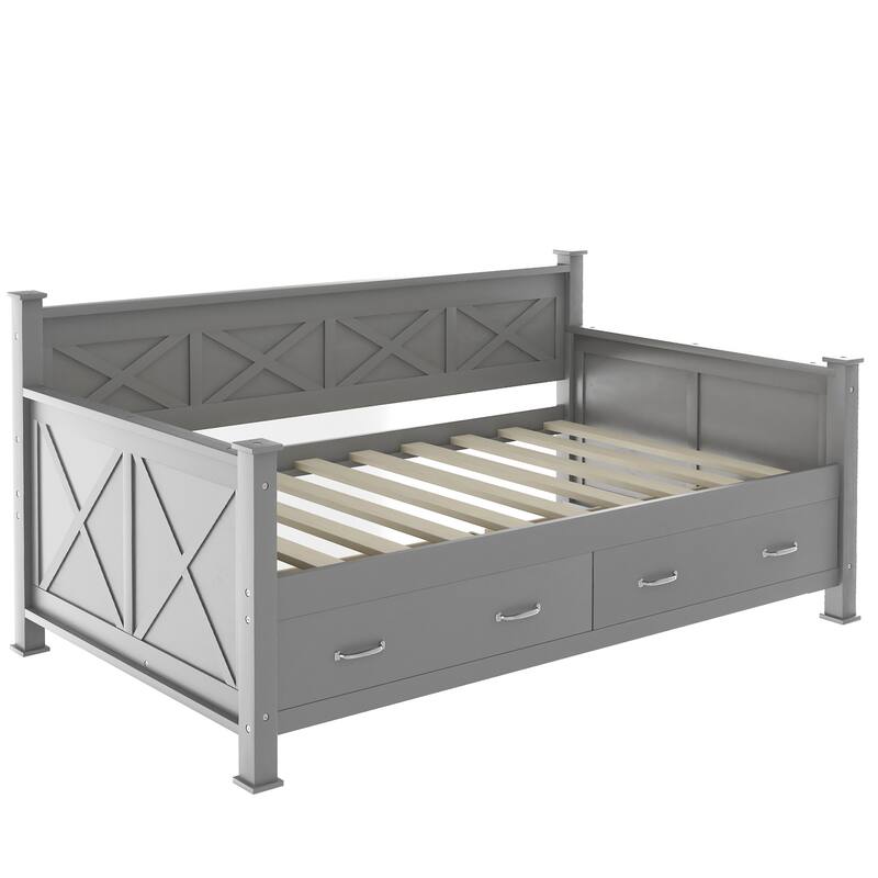 Twin Size Wooden Modern and Rustic Casual Style Daybed with 2 Storage Drawers & Headboard