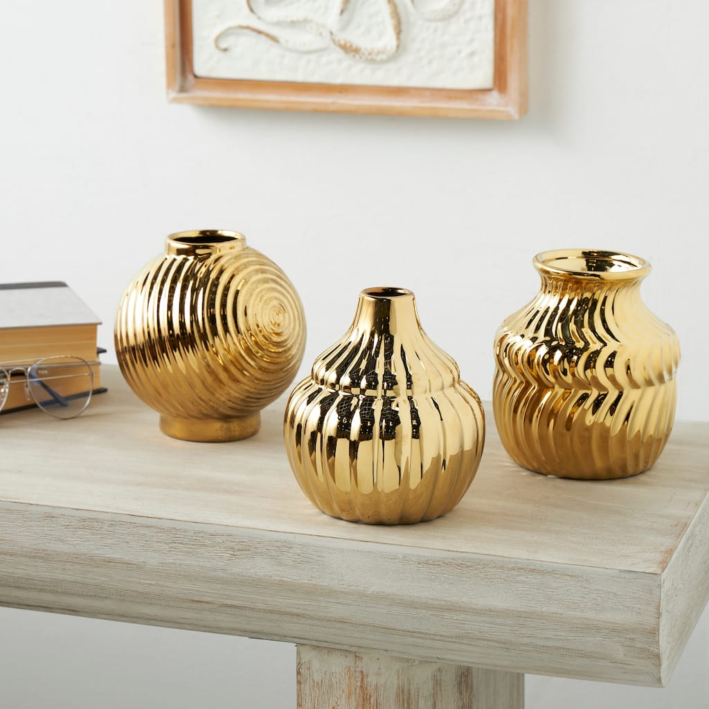 Cream, Silver or Gold Ceramic Small Textured Abstract Vase with Varying Shapes and Patterns (Set of 3)