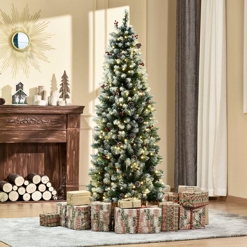 Snow-Flocked Artificial Christmas Tree with LED Lights, Pine Cones & Red Berries, 6ft, 7.5ft, 9ft