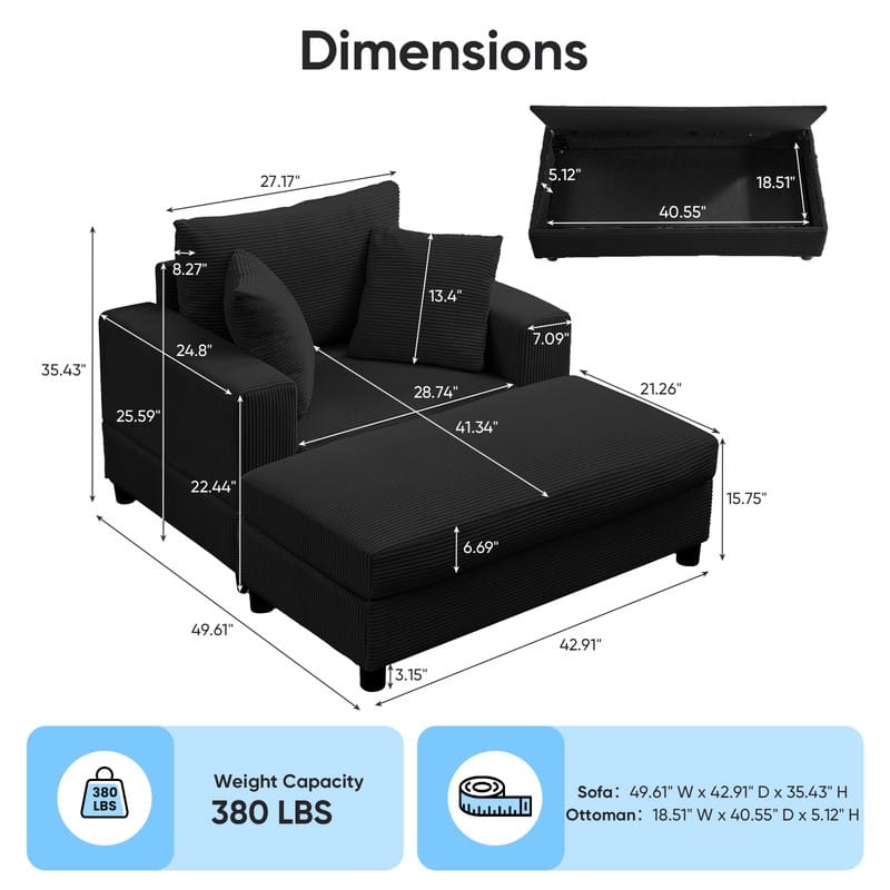 Mixoy Corduroy Chaise Lounge Deep Seat Sleeper Sofa Chair with Storage Ottoman,Upholstered 1-Seater/Loveseat Sofa Couch