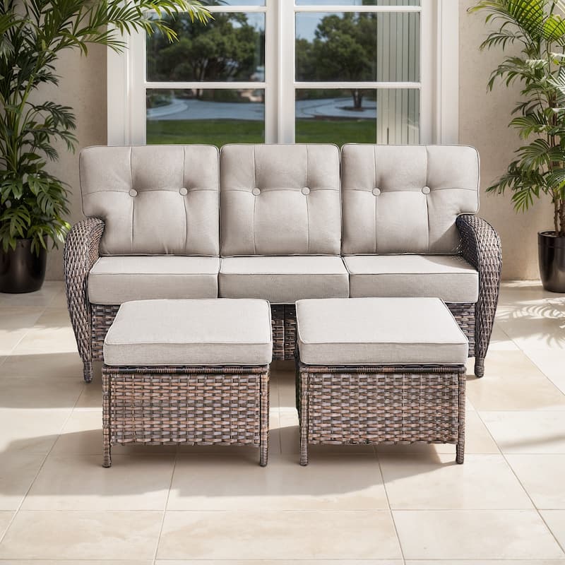 TWrap Brown Wicker Patio 3-Piece Sofa Set with 5-Inch Thick Cushions and 2 Ottomans - Brown/Beige - 3-Piece