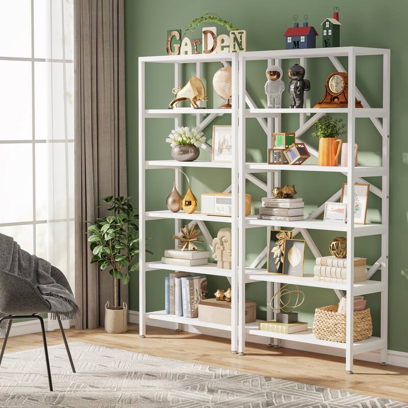 71" Industrial Bookshelf, 6 Tier Rustic Brown Wood Etagere Bookcase, Open Book Shelves