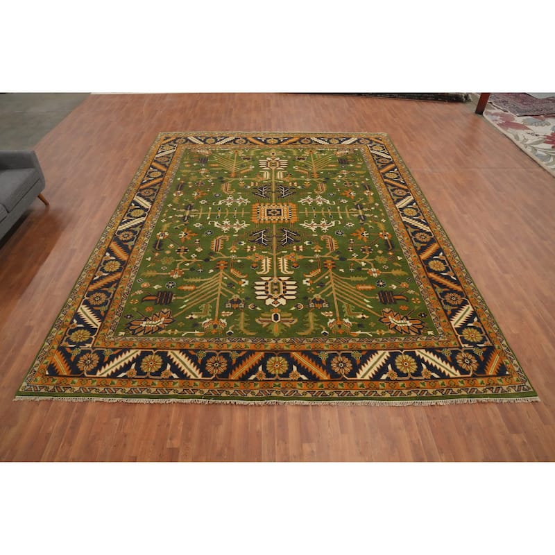 Hand Knotted Oriental 100% Wool Carpet Transitional All-Over Green Oushak Area Rug - 14' 10'' X 11' 9''