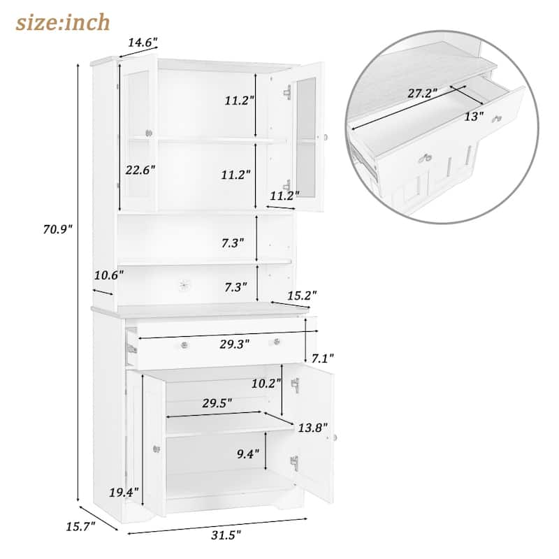White Storage Cabinet with Glass Doors and Drawer and Adjustable Shelf