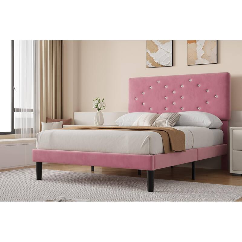 Bed Frames, Velvet Upholstered Bed Frame with Vertical Channel Tufted & Sturdy Wood Slats