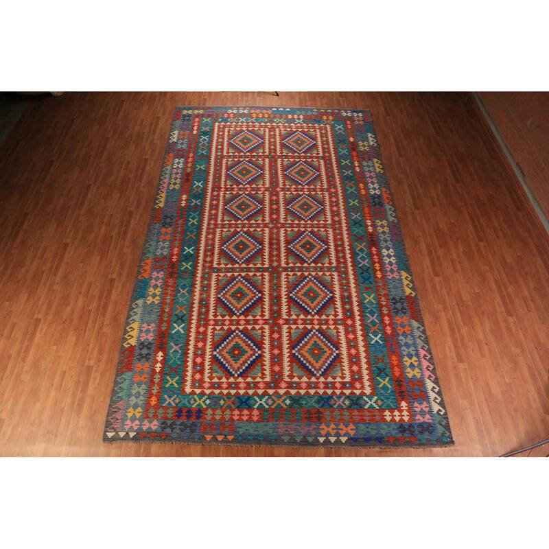 All-Over Geometric Kilim Large Rug Flatweave Oriental Wool Carpet - 9'10"x 16'1"