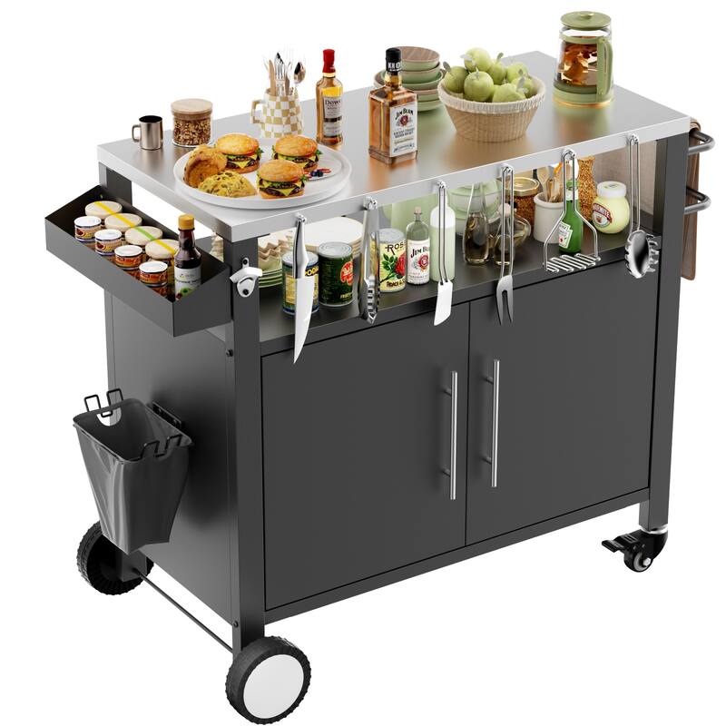 Two Doors Outdoor Grill cart with Patio Furniture, Outdoor Grill Table with Storage,Rolling Bar cart Outdoor BBQ cart
