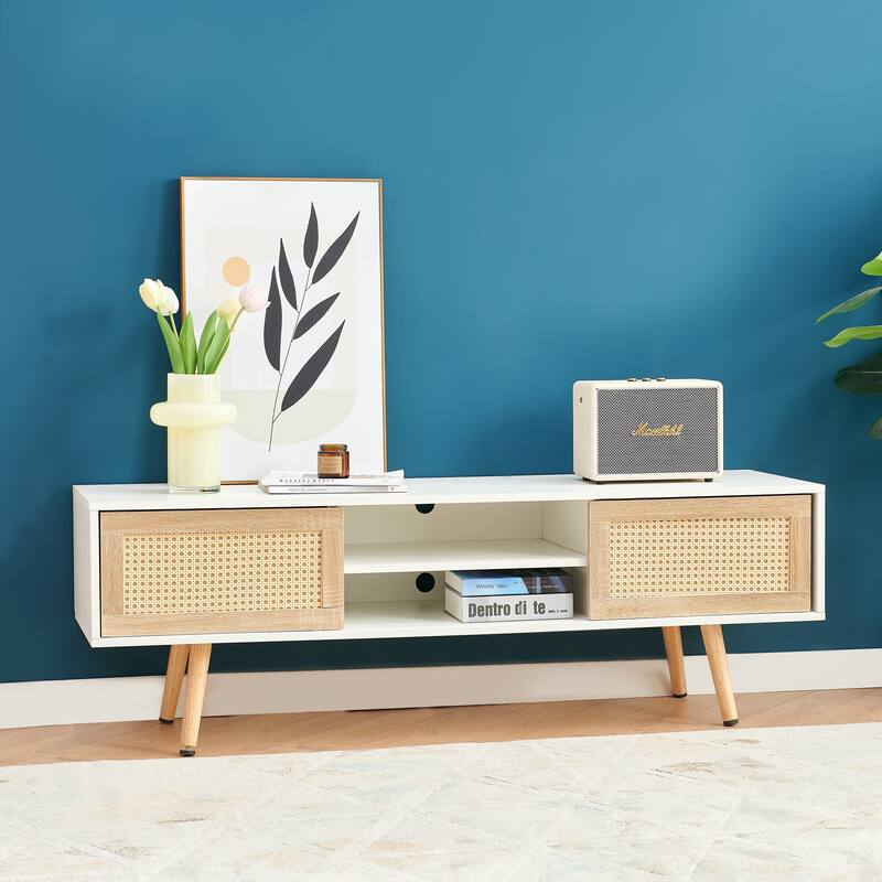 Modern Rattan Woven TV Stand with Adjustable Shelves, Solid Wood Legs, and Sliding Doors.