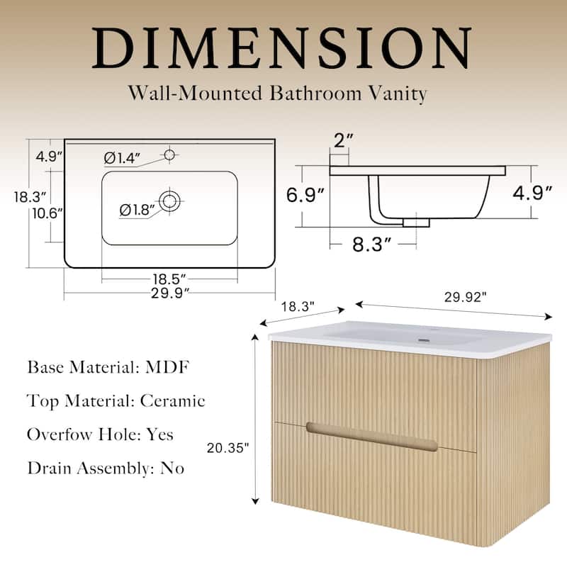 Emma 30 inch Wall-Mounted Bathroom Vanity Set with Integrated Ceramic Sink - 30"x18"x20"