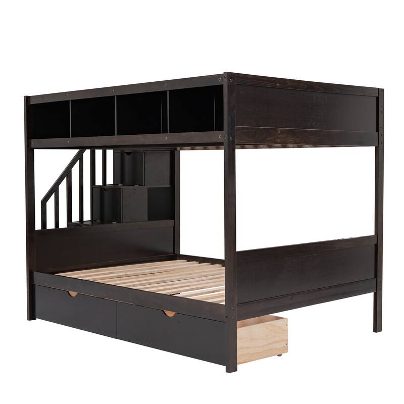 Space-Saving Twin Over Full Bunk Bed with Built-In Shelves and Storage Staircase, Modern Wooden Bunk Bed with 2 Drawers
