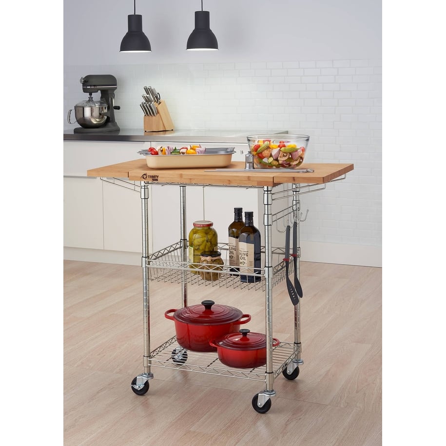 TRINITY PRO® EcoStorage® Expandable Bamboo Top Kitchen Cart, Chrome
