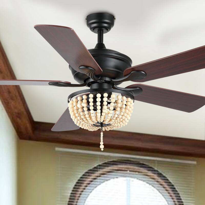 Quinn 52" 3-Light Rustic Farmhouse Iron/Wood Bead Mobile-App/Remote-Controlled LED Ceiling Fan, by JONATHAN Y