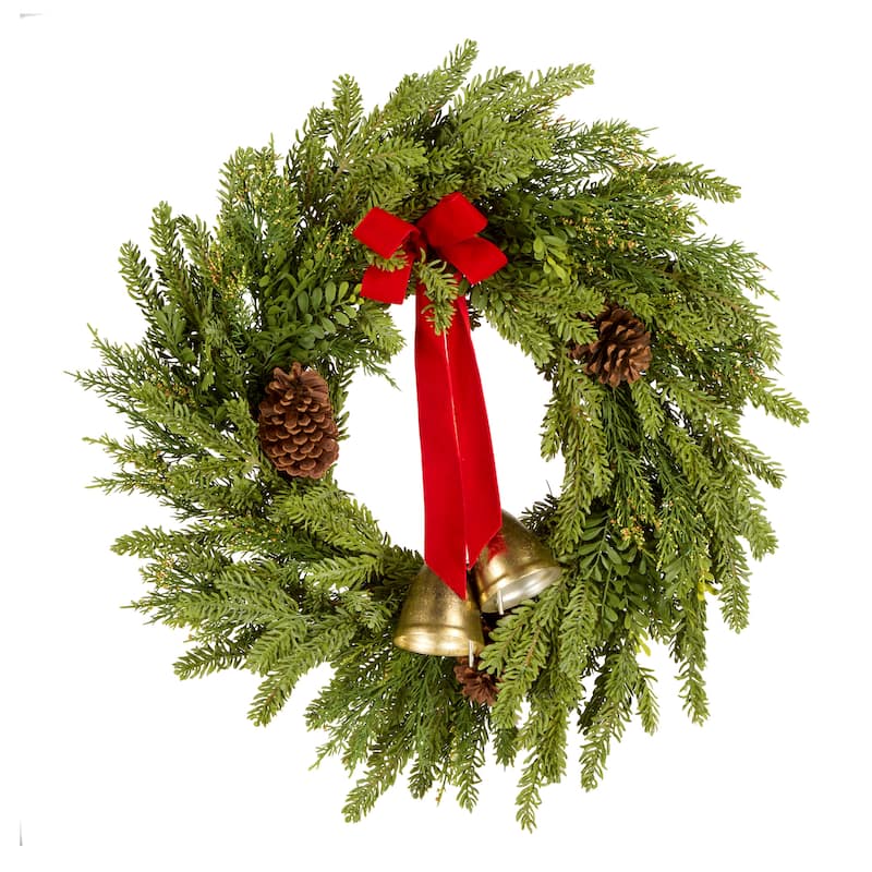 National Tree Company 28 in. Artificial Christmas Bells Pine Wreath with a Red Bow, Pinecones and Bells - 28 in