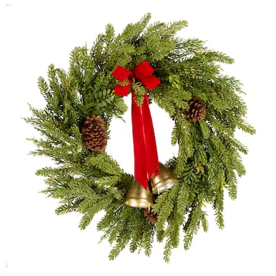 National Tree Company 28 in. Artificial Christmas Bells Pine Wreath with a Red Bow, Pinecones and Bells - 28 in