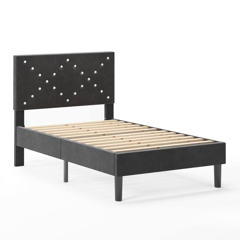 Twin Size Modern Platform Bed Frame w/ Upholstered Headboard & Wooden Slats, Easy Assembly, Black