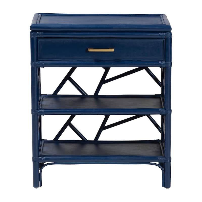 Daina Natural Rattan Nightstand with Drawer and Open Shelves- Coastal Bedside Table with Geometric Design