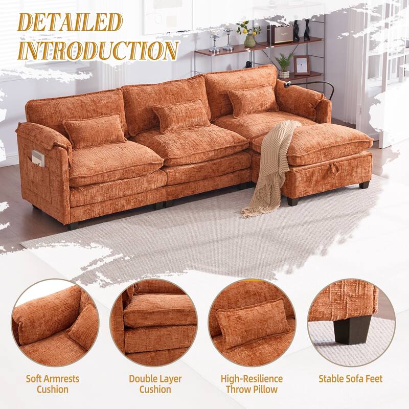 HOMEFUN Chenille Upholstered L-shaped Phone Holder Modular Sectional Sleeper Sofa with Movable Storage Ottoman