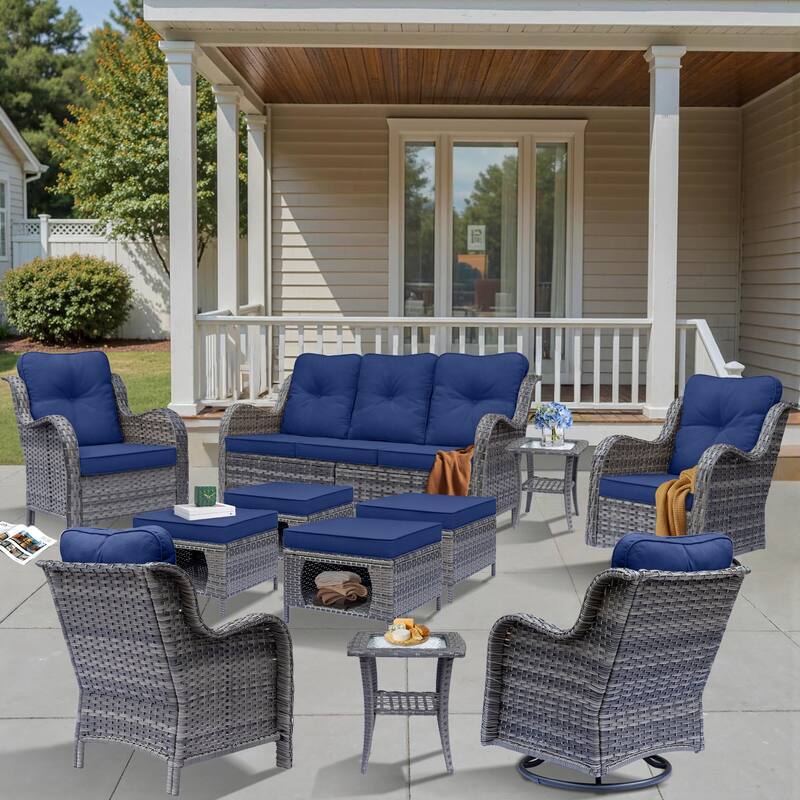 11 Piece Outdoor Wicker Patio Conversation Furniture Swivel Chairs Set - Navy Blue-Gray Rattan
