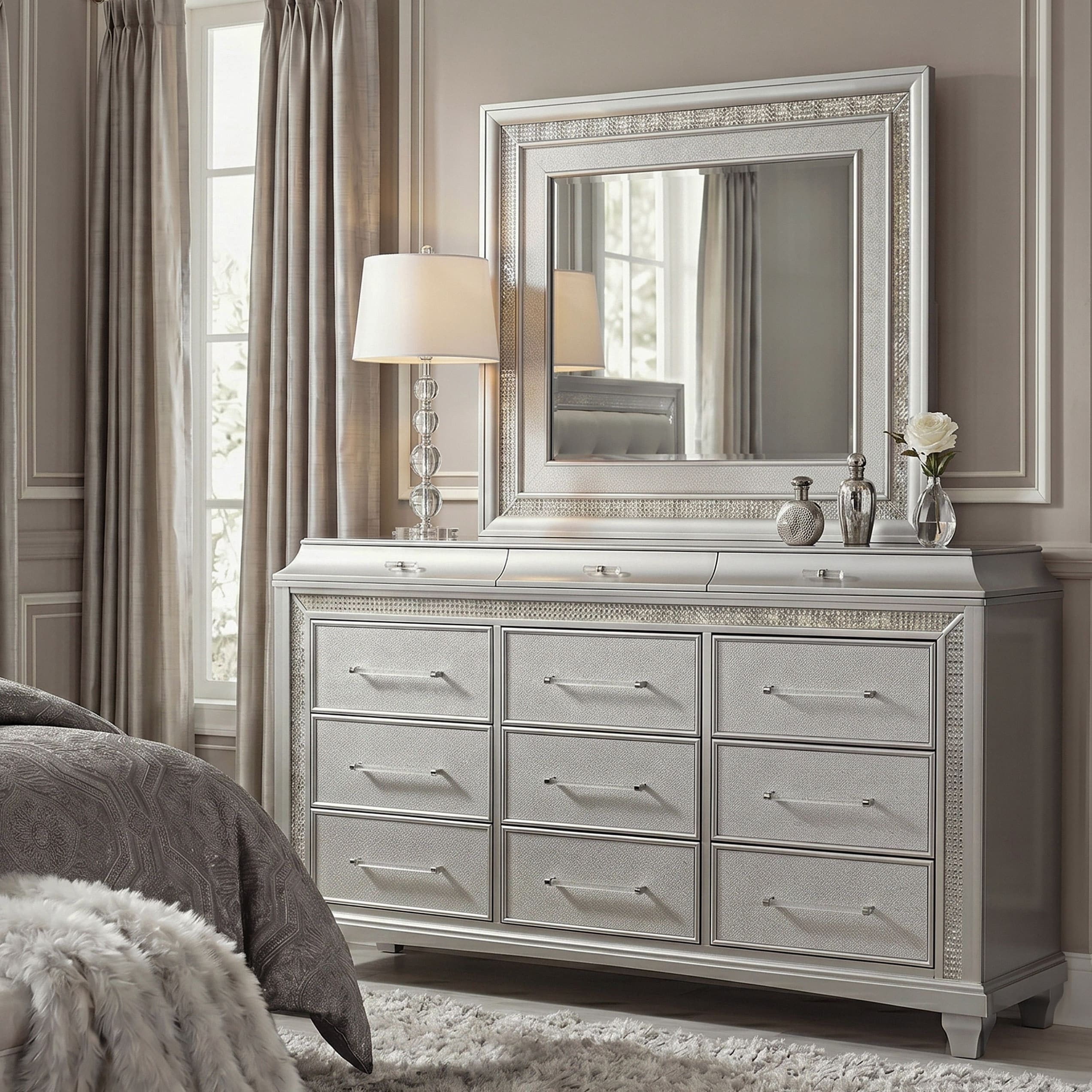 Furniture of America Gala Glam 2-Piece Silver 12-Drawer Dresser and Mirror Set with LED Lighting