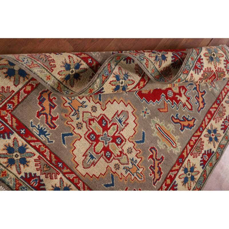 Geometric Grey Kazak Accent Rug Hand-Knotted Wool Carpet - 3'8"x 4'11"