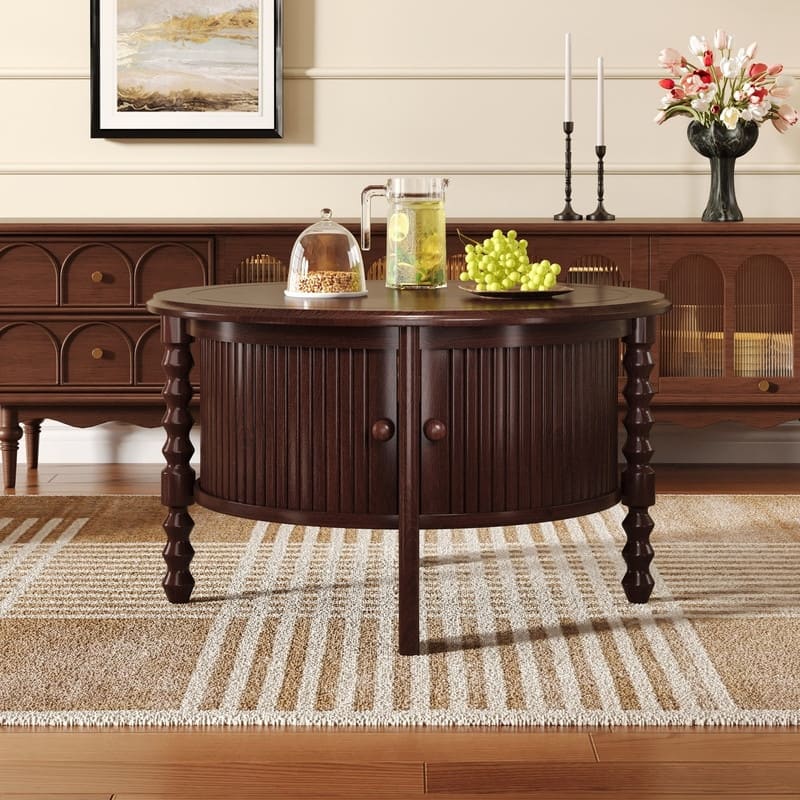 Vintage 30.3" Round Coffee Table with Hidden Storage, Mid Century Modern Style for Living Room Organization - Walnut